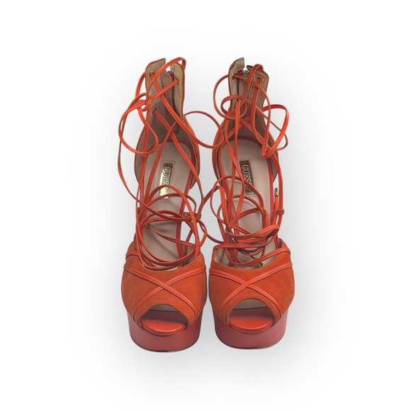 Guess ᯾ Raja Ankle Wrap Platform Stiletto Peep Toe Heels ᯾ Orange Suede ᯾ 8M - Picture 9 of 16